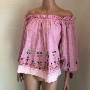 Nisan Off The Shoulder Pink/White Blouse Shirt Women’s Size 40(M) Embroidered